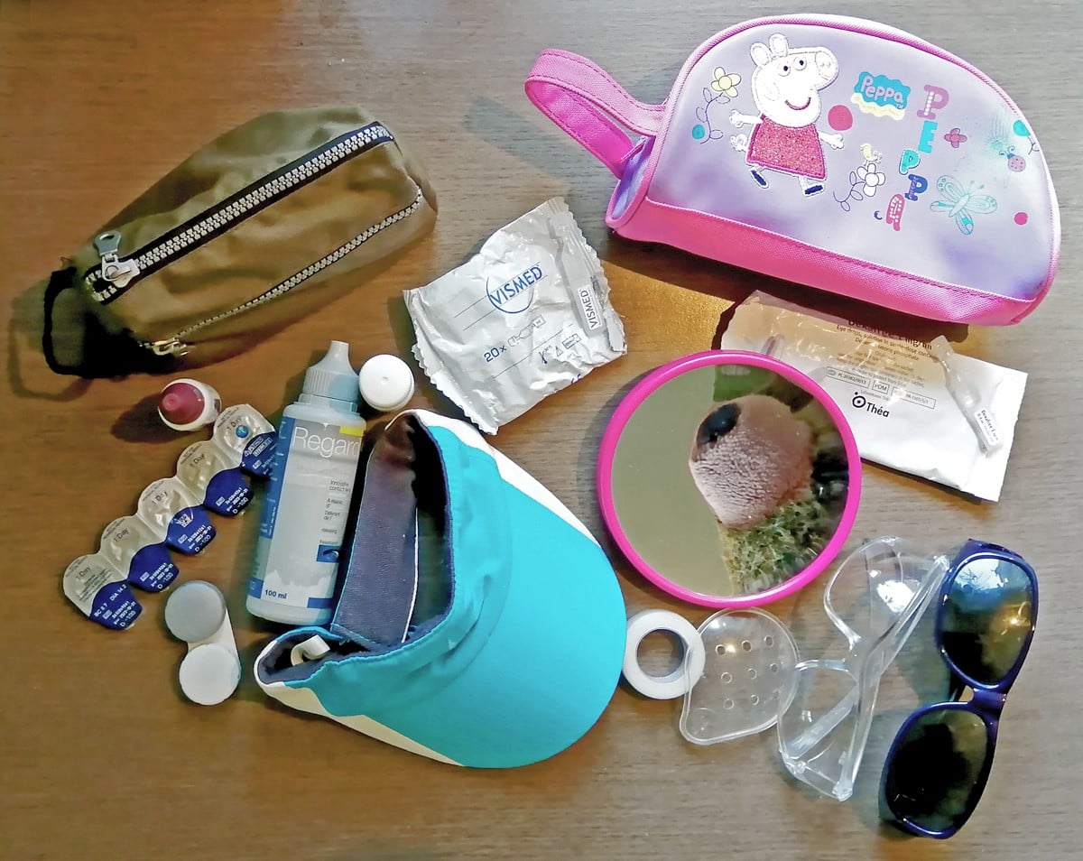 Corneal Transplant Kit - Essentials - including goggles, sunglasses, drops, eye shield, peaked cap, contact lens kit, magnifying mirror. I forgot about hankies!