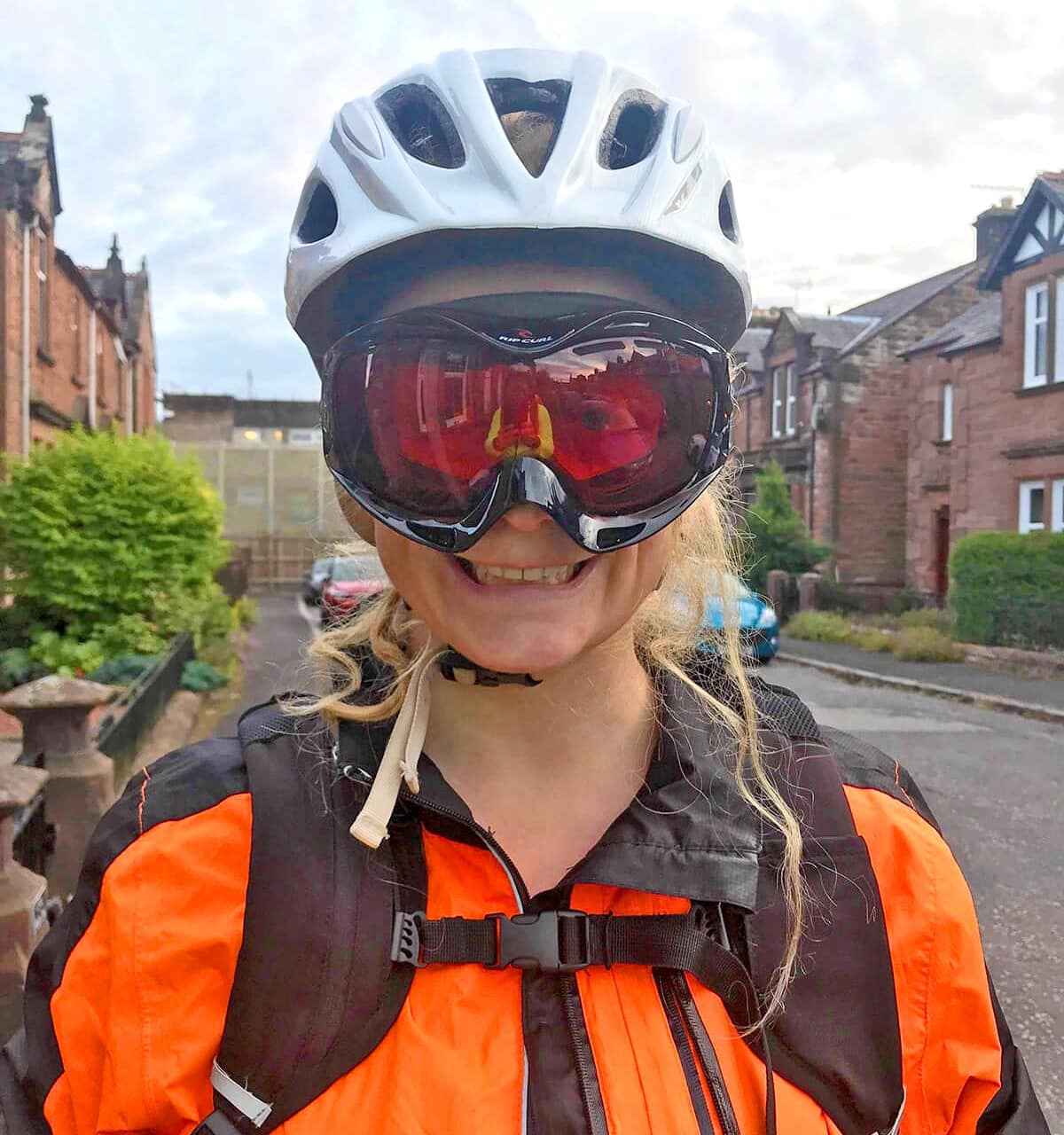 Jane wearing Ski Goggles, ready for a tandem ride, the first since corneal transplant surgery