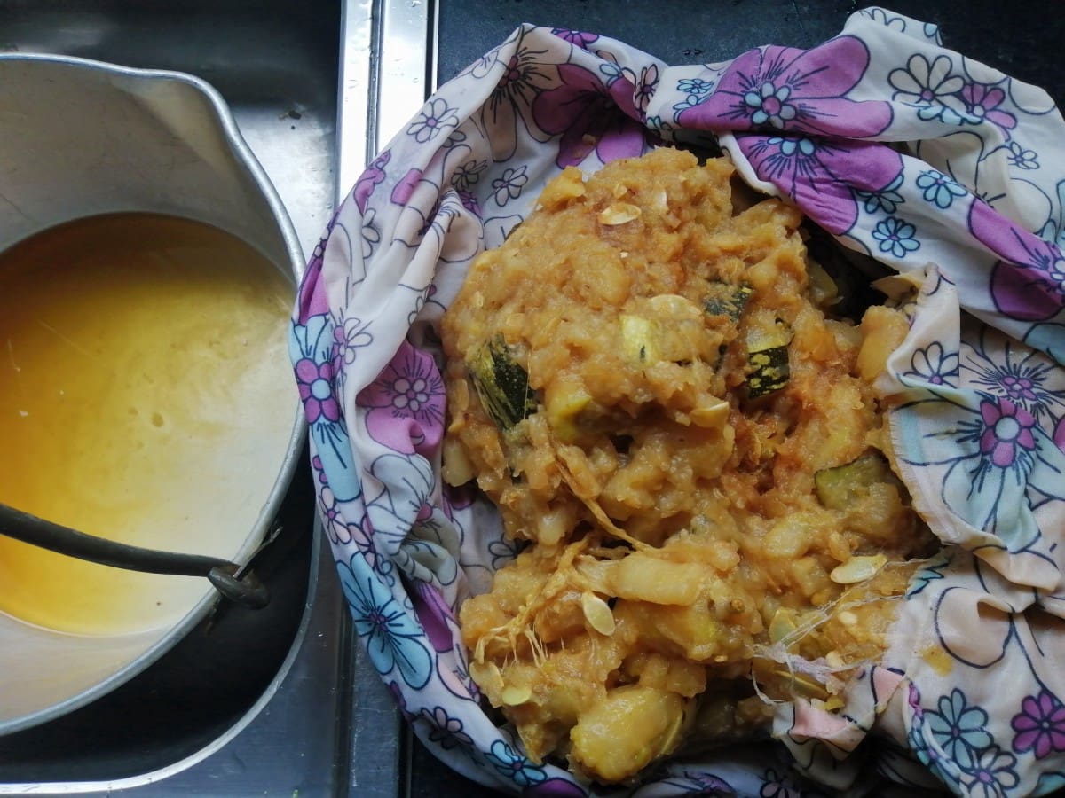 Crab apple and marrow mush in a pillowcase - to show the mess