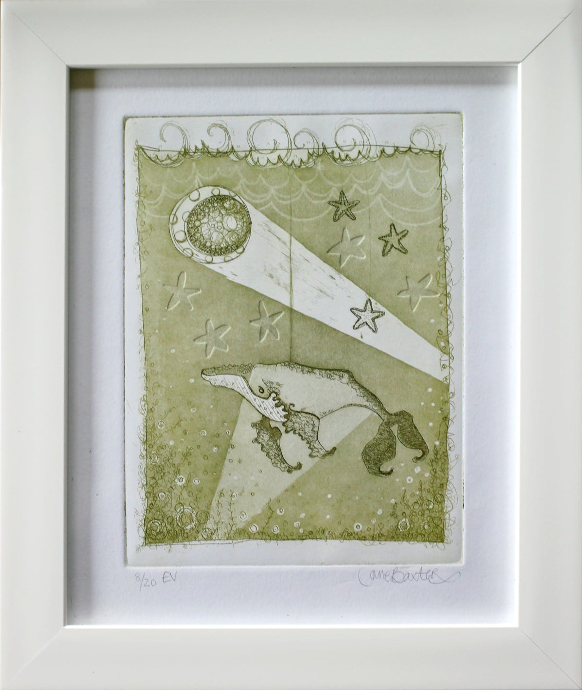Green toned variation of copper plate etching print - Scene I (whale) in white frame