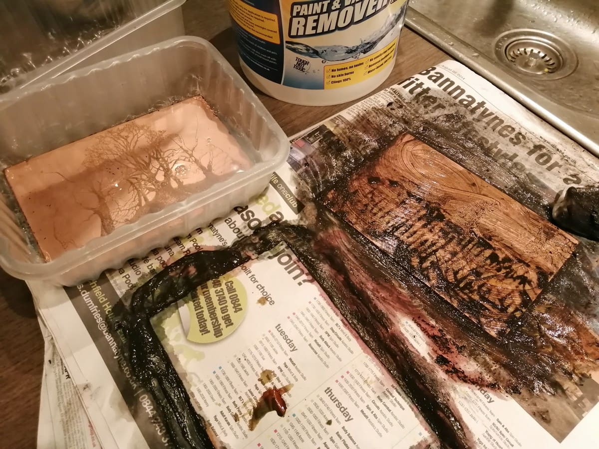 Stripping thehard resist from the copper plate for Into the Trees