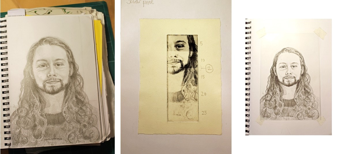 Ronan, a sloar plate etching, pages from sketchbook - original drawing, timings and acetate sheet
