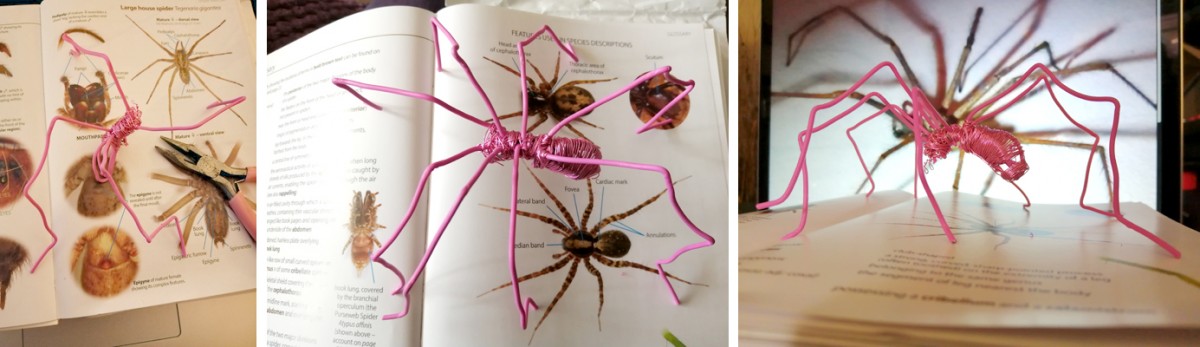 Wire spider in progress - 3 photos of the process - a starter with 4 legs, then all legs