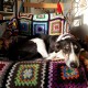 Rescue saluki cross, Rosie enjoying the sunshine in her colourful chair