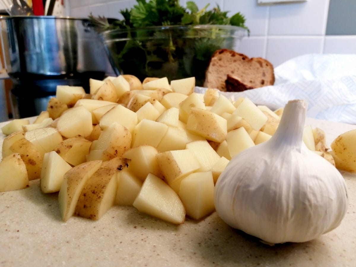 Photo of chopped potatoes and Garlic ready for the soup pot