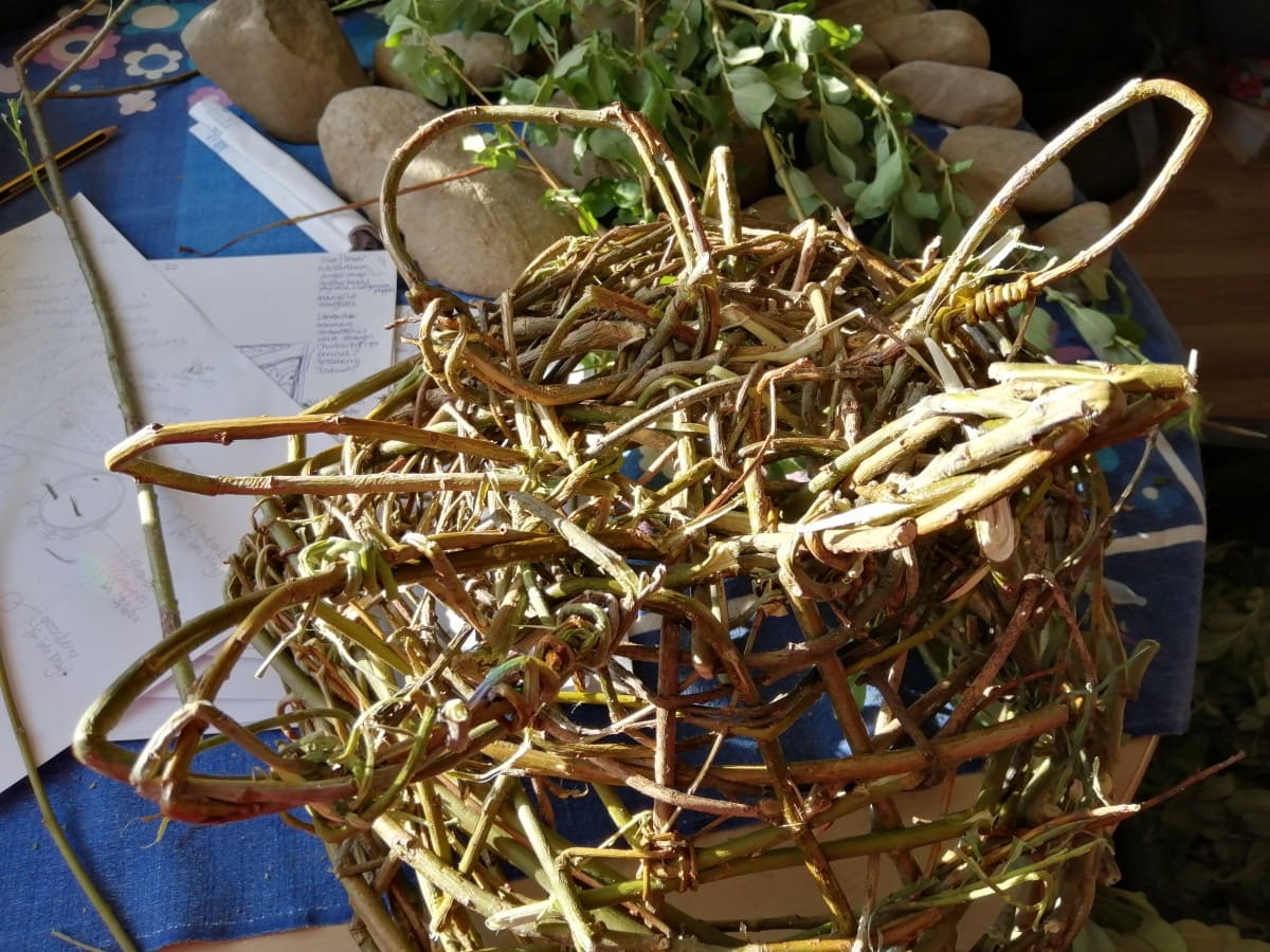 Photo showing the underneat tof the basket weaving in progress - making the legs (or feet!)