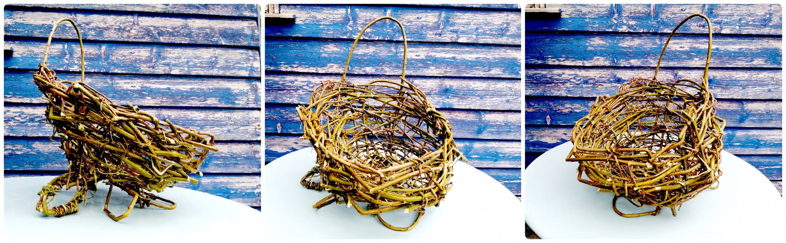three photos showing the hand made willow basket from 3 angles
