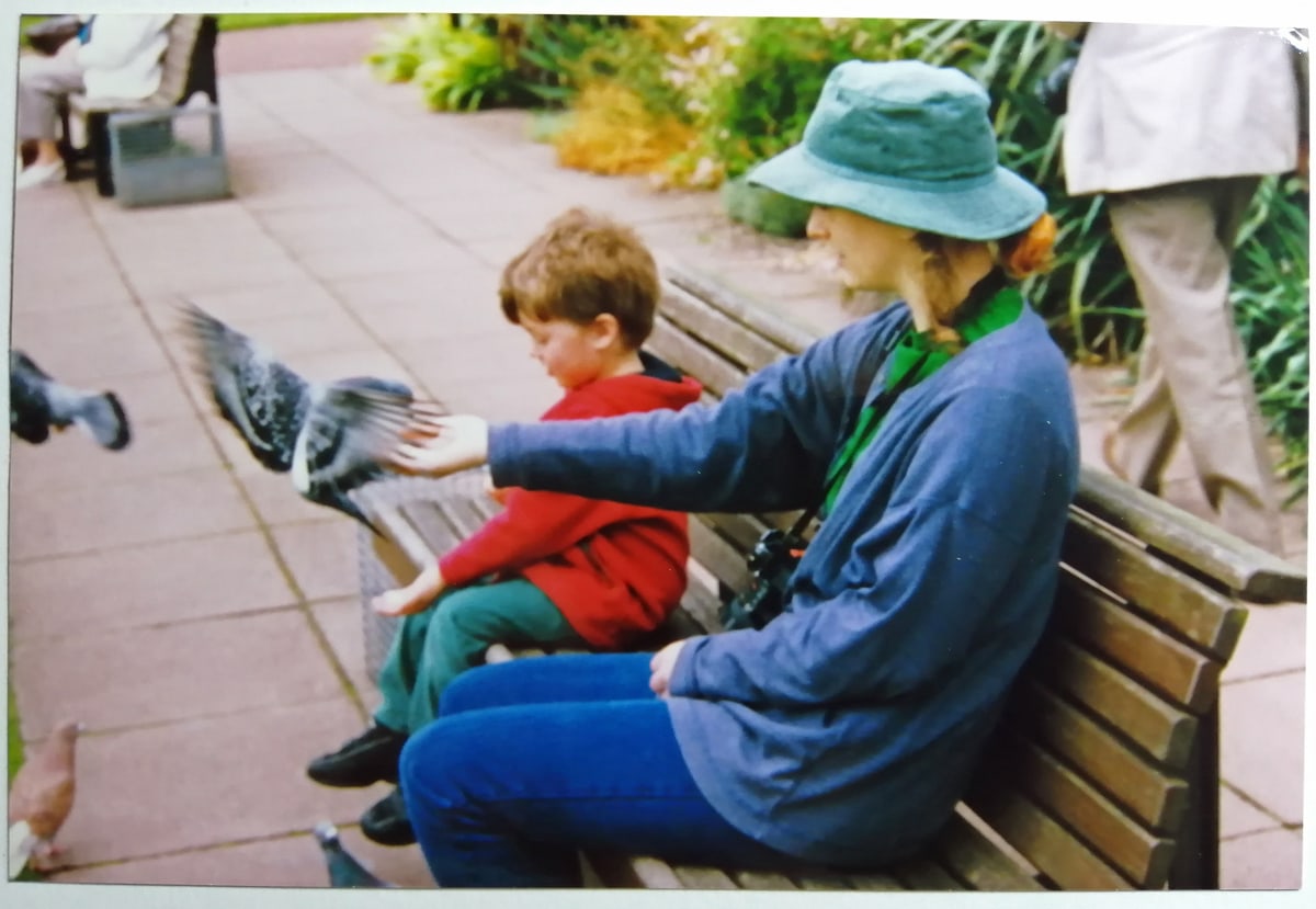 Ronan and I feeding pigeons at the Botanics in 1998