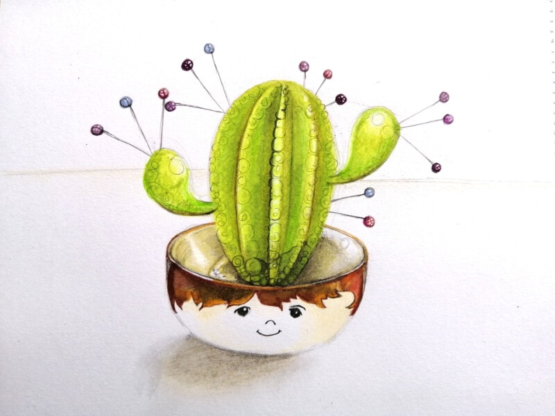 An illustration showing a colourful cactus with pins for spikes in a cheerful breakfast bowl
