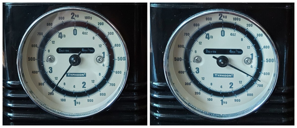 Photo showing comparison of weights in Charlotte potatoes on old scales dial
