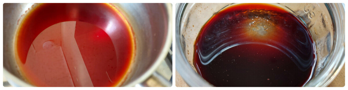Photo showing 2 stages of witchhazel ink reduction - intensifying the rich tones