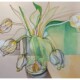 Triptych/ trio of coloured penccil drawings of a vase of tulips at different stages of life. Beginning to End.