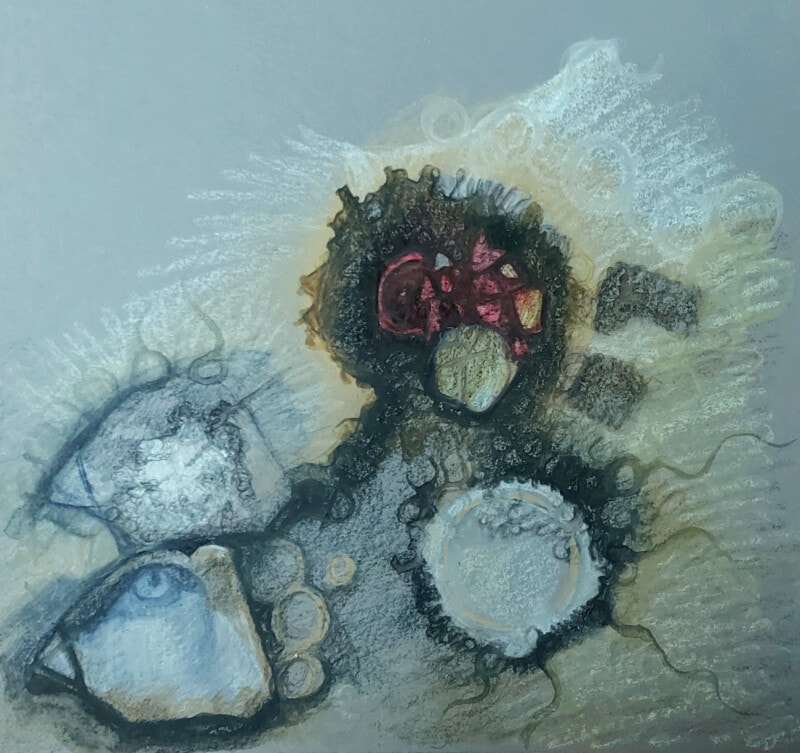 Drawing on grey paper of Archaeology drawing - colour - Bronze age burial sites with broken pot pieces