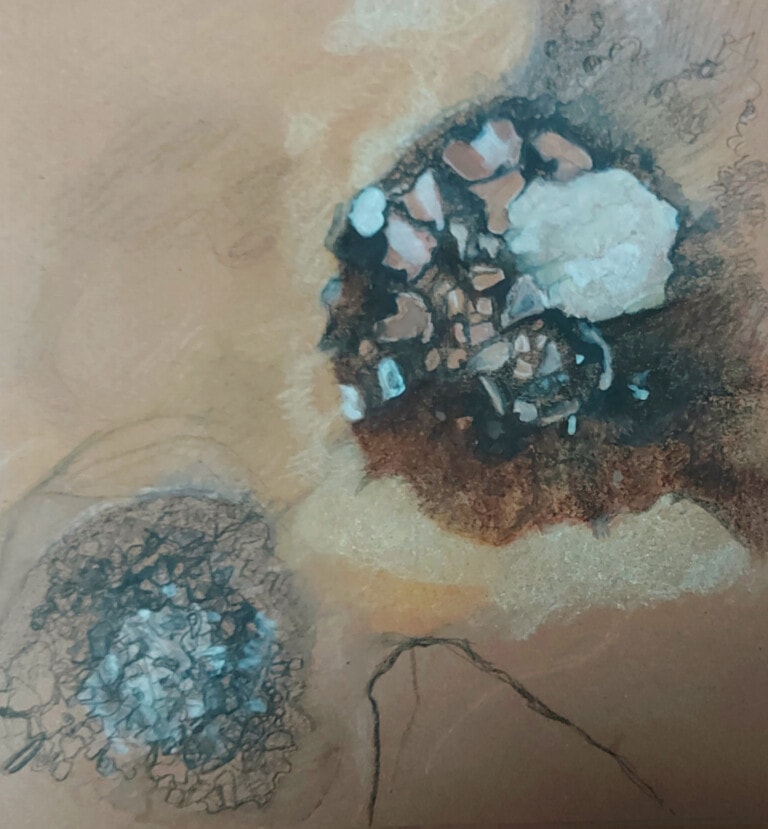 Archeaology Drawing - 2 - Bronze age burial site - broken urn and burnt bones on brown paper