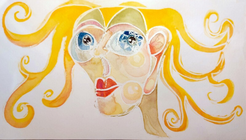 Vibrant watercolour cartoony like sketch of a woman with big blue eyes and curly fronds of yellow orange hair