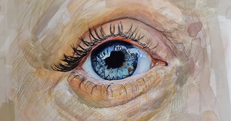 Watercolour and pen painting of an eye with a cornea transplant - showing the stitches