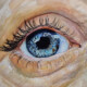 Watercolour and pen painting of an eye with a cornea transplant - showing the stitches