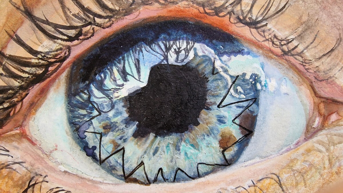 A close up of my eye painting showing post corneal transplant stitches
