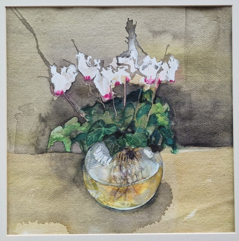 A painting of a white cyclamen plant square shaped and in mixed media