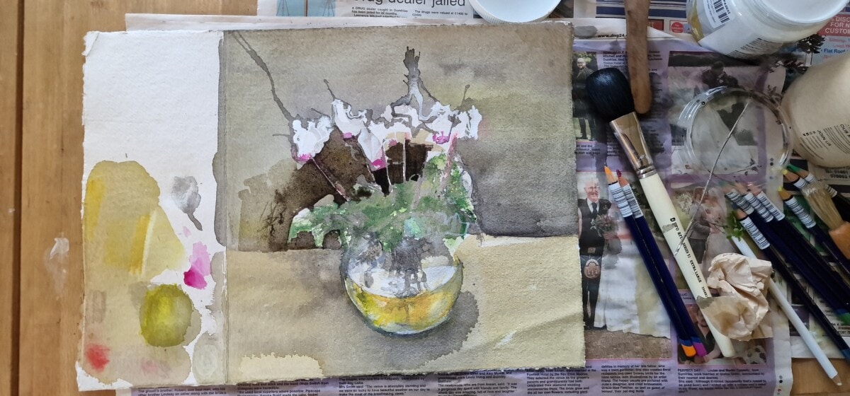 photo of the start of my cyclamen painting - showing the mess of media used