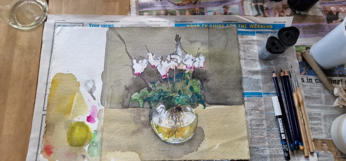 Photo of indoor cyclamen painting in progress 