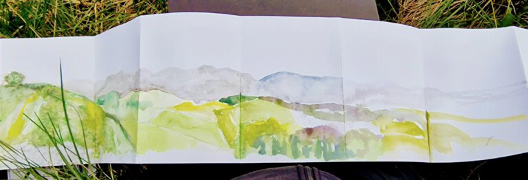 A long landscape sketch in watercolour
