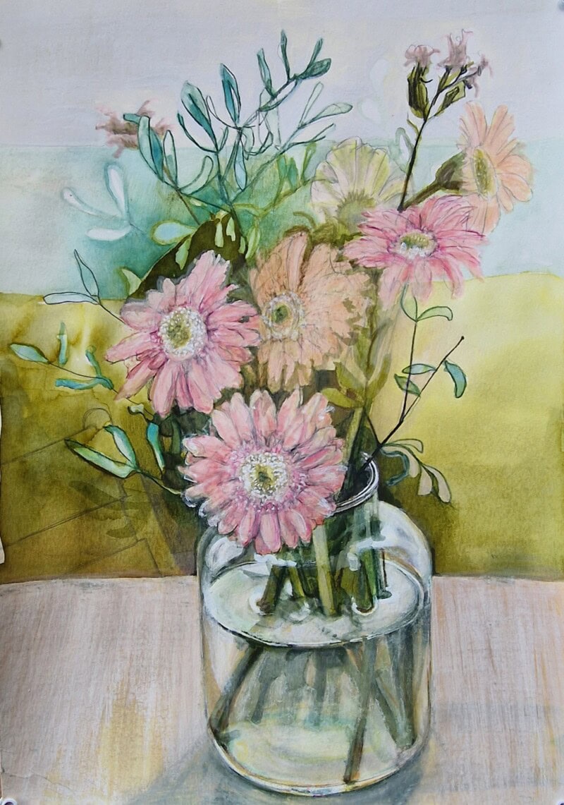 drawing of pink gerbera flowers in vasem pinks and greens