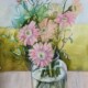 drawing of pink gerbera flowers in vasem pinks and greens